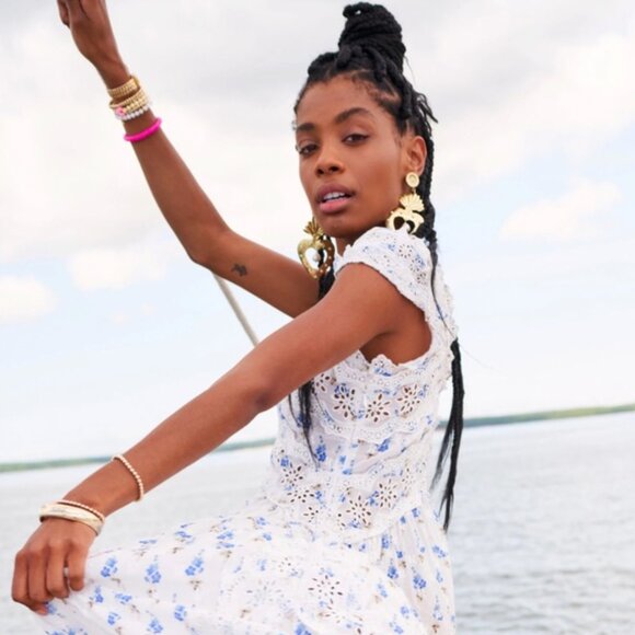 RARE LOVESHACKFANCY Archer Dress in White Blue Floral - Picture 2 of 12